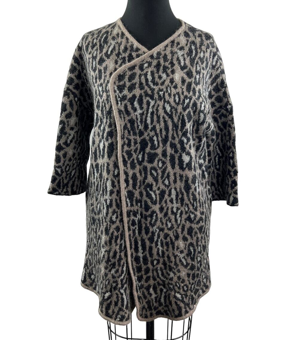 JOIE Berit Jacquard Leopard Print Wool Blend Long Sleeve Cardigan Jacket Size L